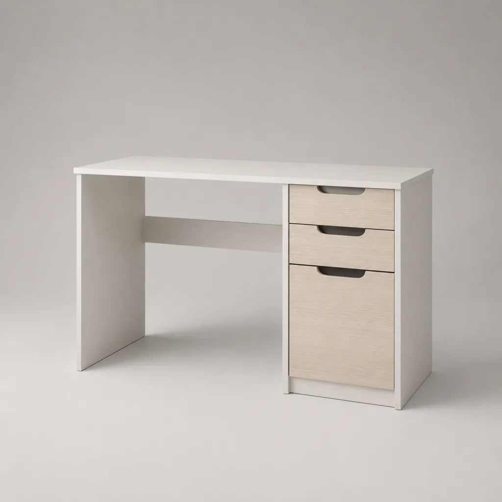 Rechteckiger Schreibtisch aus Spanplatte mit 3 Schubladen, Weiß/Helle Eiche, 120 × 50 × 75 cm