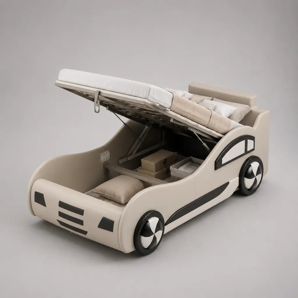 Kinder-Autobett mit Bettkasten und Lattenrost, Liegefläche 90 × 190 cm, MDF, Stahl und PU-Kunstleder, Beige/Schwarz/Silberfarben