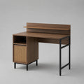 Schreibtisch aus Spanplatte, Stahl und Rattan mit Regal und Schrank, Walnussbraun/Schwarz/Natur, 100 × 50 × 110 cm