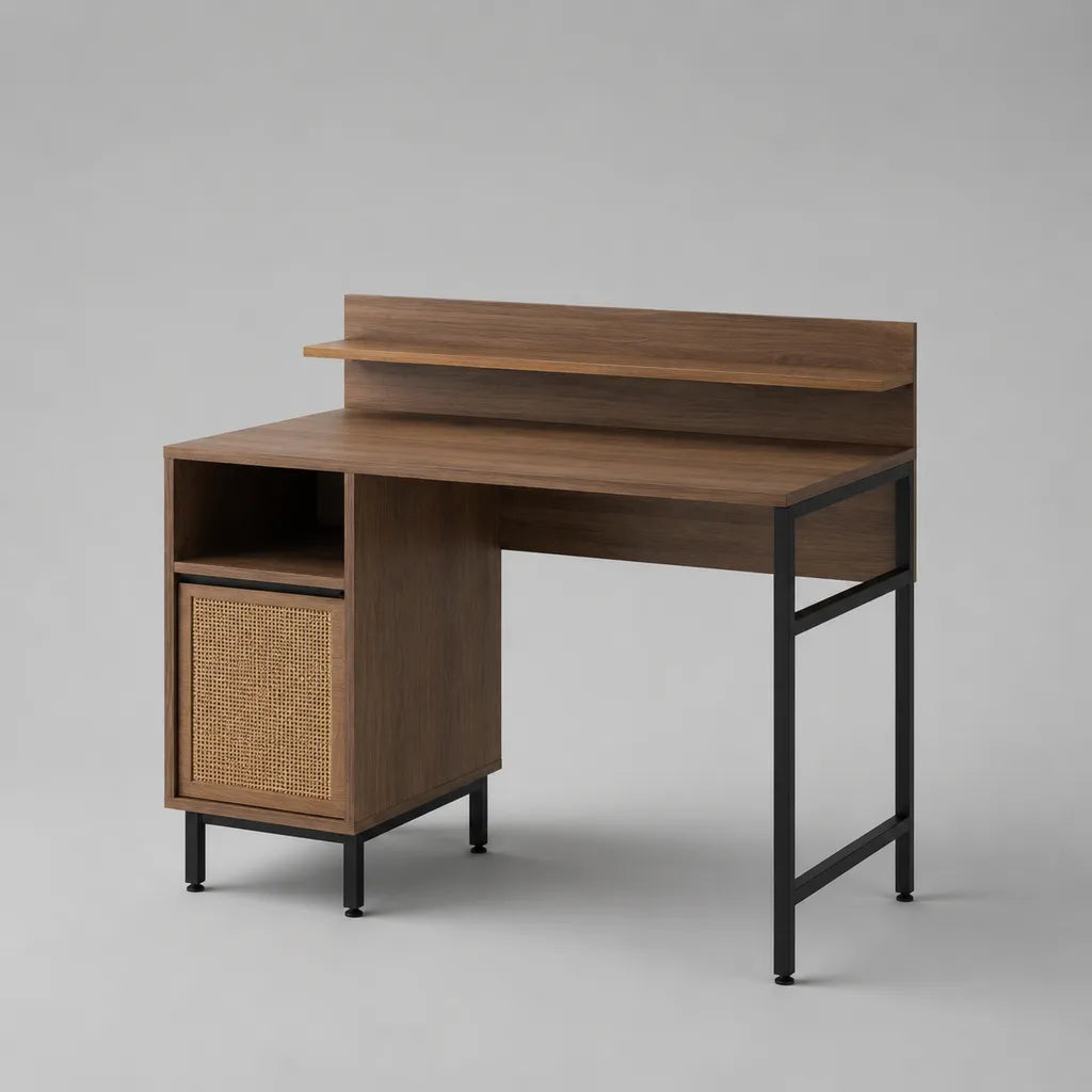 Schreibtisch aus Spanplatte, Stahl und Rattan mit Regal und Schrank, Walnussbraun/Schwarz/Natur, 100 × 50 × 110 cm