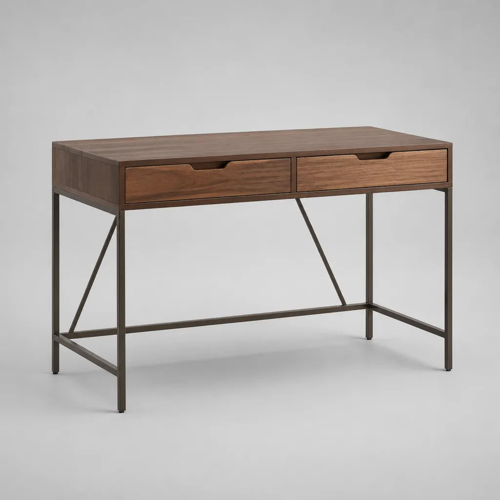 Rechteckiger Schreibtisch aus Holz und Metall mit 2 Schubladen, Walnussbraun/Dunkelbraun, 110 x 50 x 76 cm