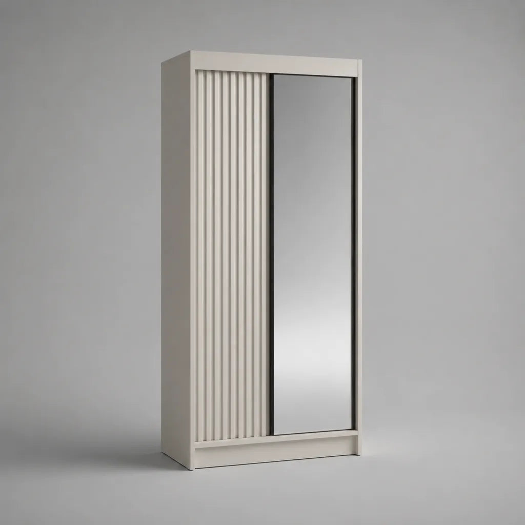 Kleiderschrank aus Spanplatte und MDF mit 2 Schiebetüren und Spiegel, Weiß/Silber, 90 × 50 × 190 cm