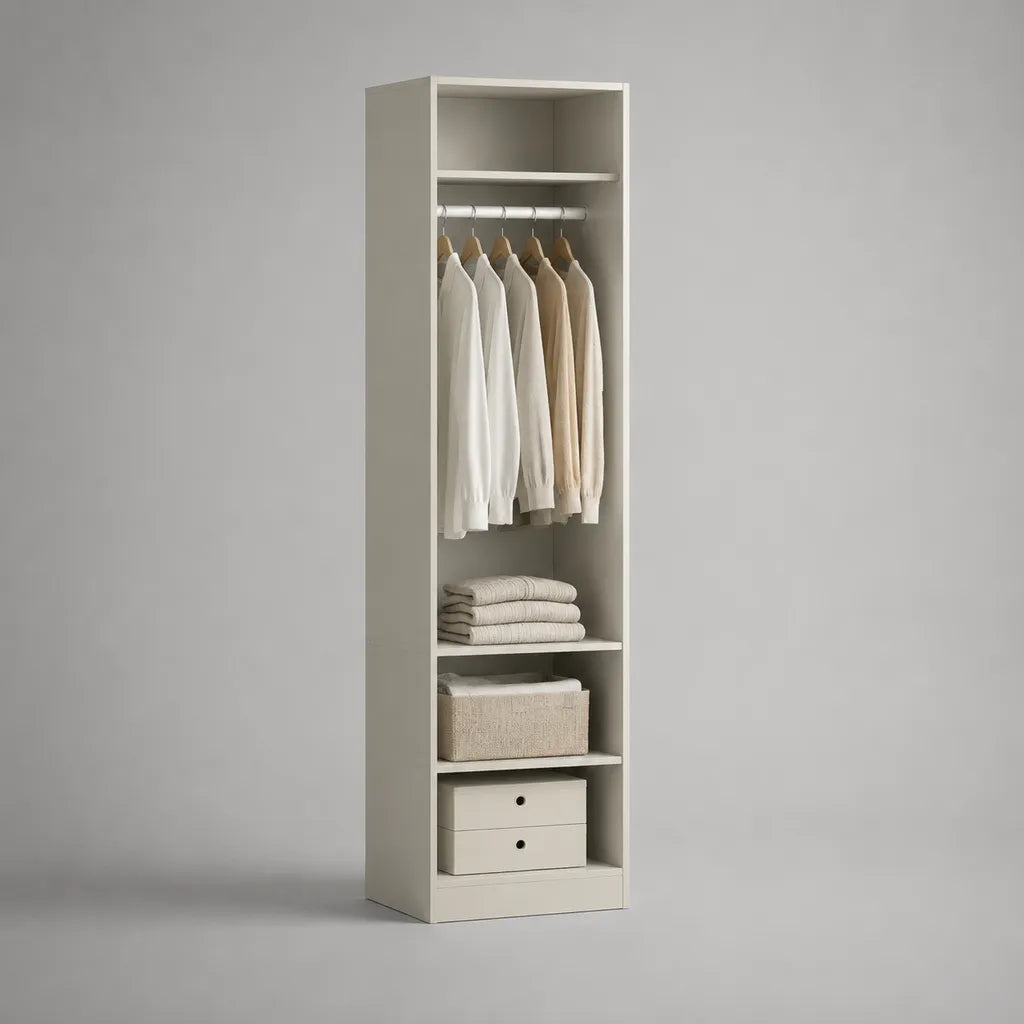 Offener Kleiderschrank aus melaminbeschichteter Spanplatte mit Kleiderstange und 3 Ablagen, Cremeweiß, 50 × 40 × 180 cm