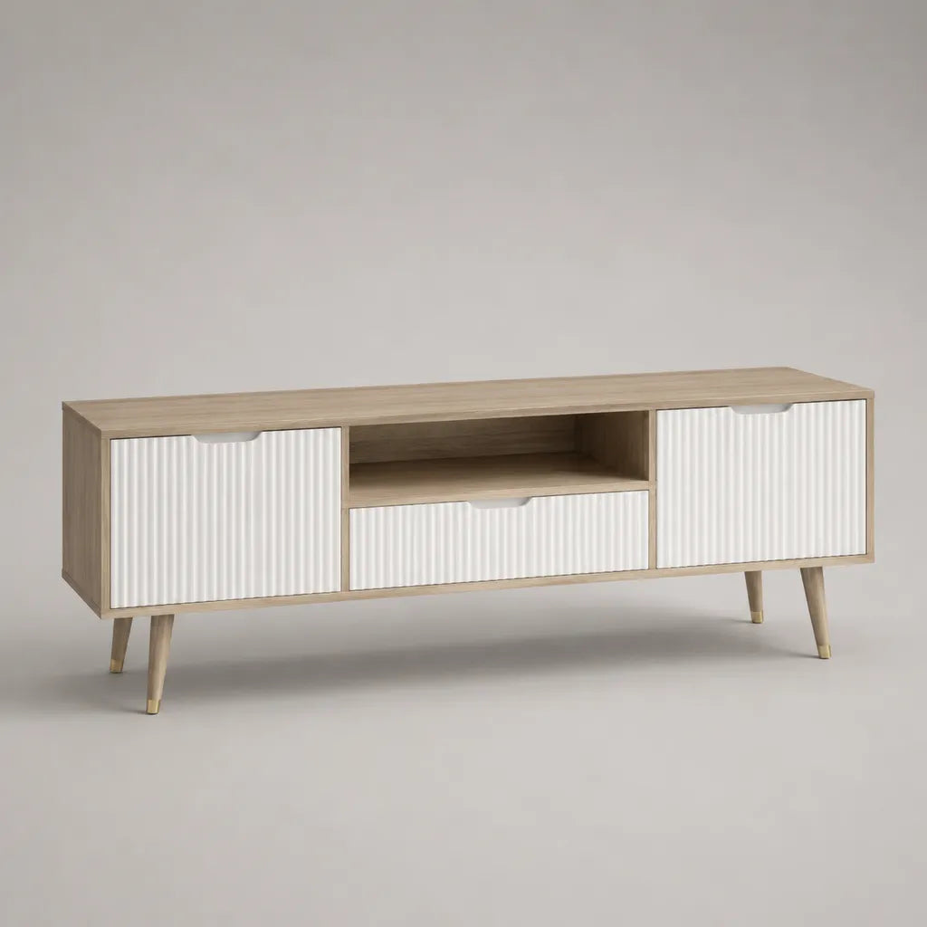 TV-Lowboard aus MDF und Spanplatte mit 2 Türen, Schublade und offenem Fach, Natur/Weiß, 160 × 40 × 60 cm