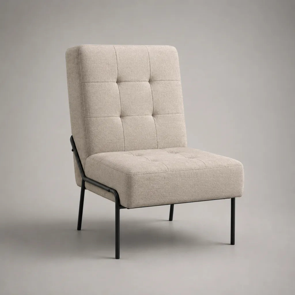 Armlehnenloser Polstersessel mit Polyesterbezug und Stahlgestell, Beige und Schwarz, 73 × 78 × 96 cm