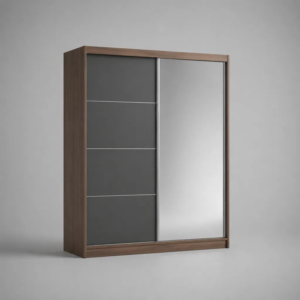 Rechteckiger Schwebetürenschrank mit Spiegel aus melaminbeschichteter Spanplatte, Nussbaum/Anthrazit/Silber, 180 × 60 × 200 cm