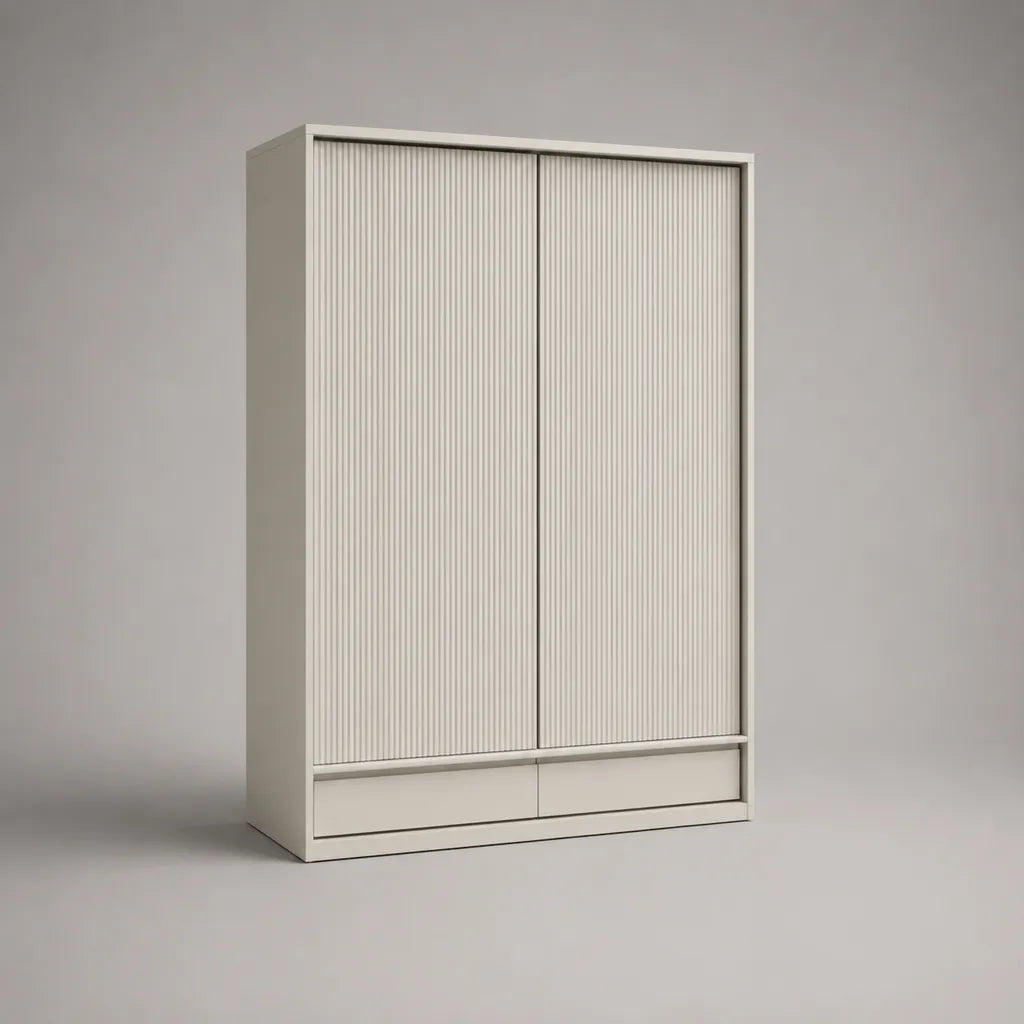 Kleiderschrank mit 2 Schiebetüren und 2 Schubladen aus MDF und Spanplatte, Beige, 150 × 60 × 200 cm