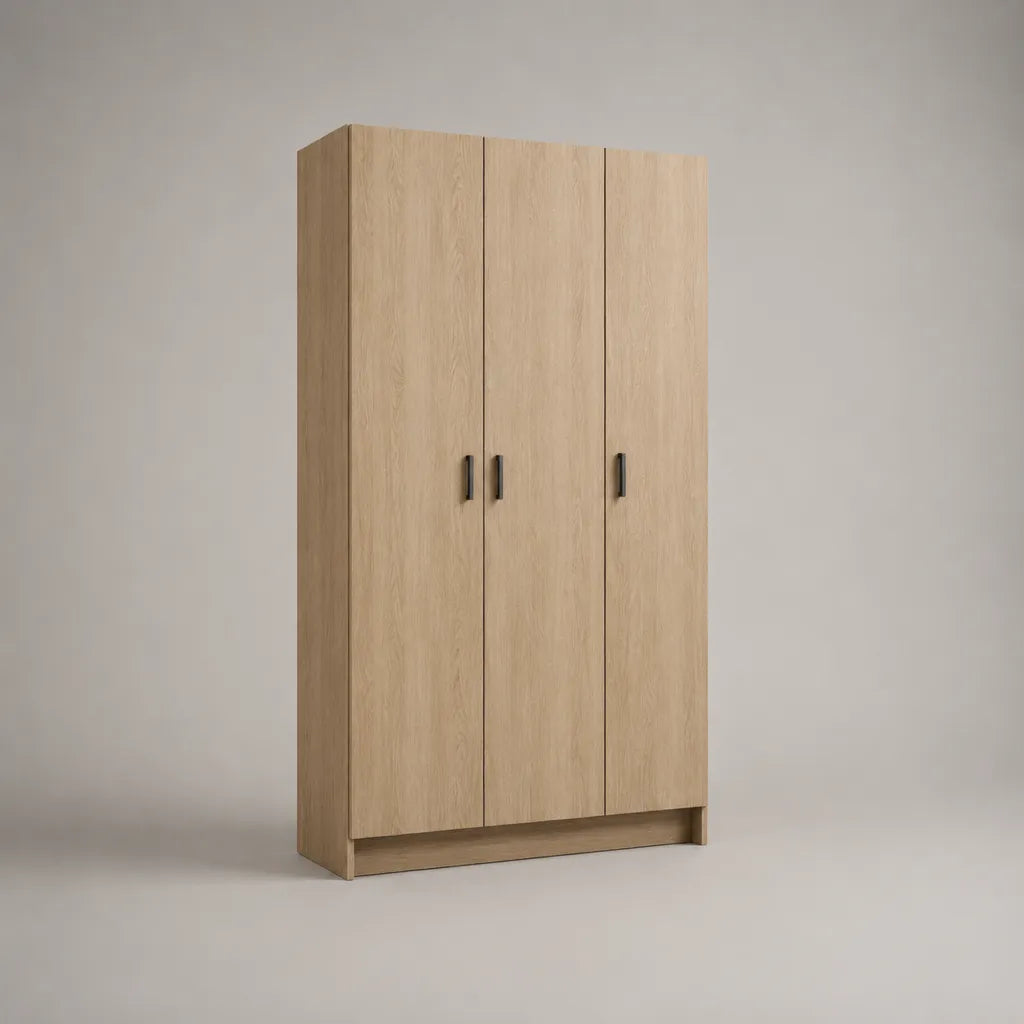 Dreitüriger Kleiderschrank aus melaminharzbeschichteter Spanplatte, Eiche natur und Schwarz, 120 × 50 × 180 cm