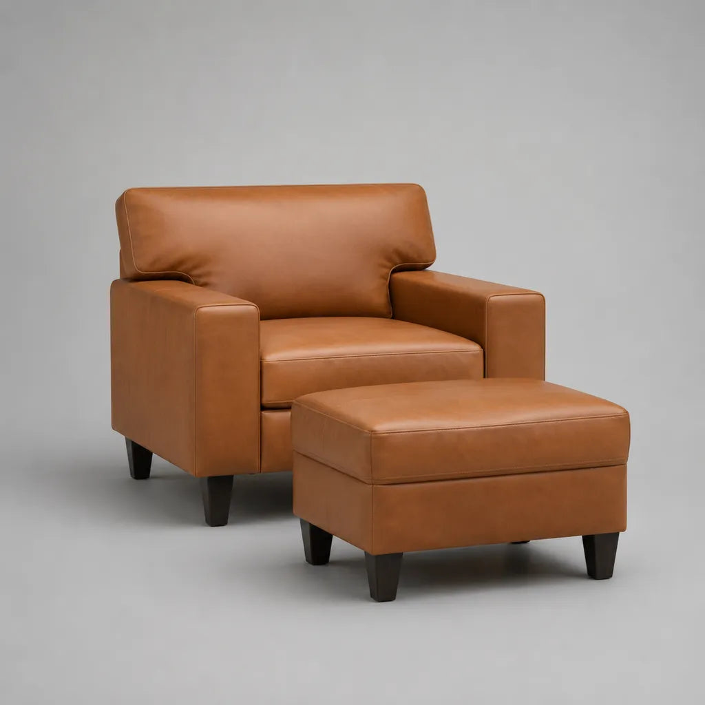 Sessel mit Hocker, 2-teilig, PU-Kunstleder, Cognacbraun, Sessel 90 × 86 × 82 cm, Hocker 64 × 52 × 42 cm