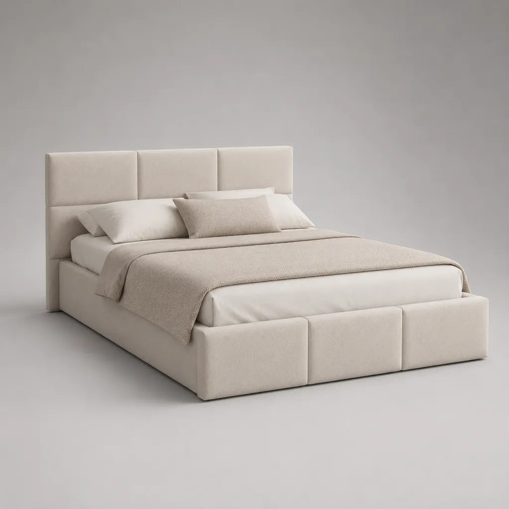 Stauraumbett Polsterbett aus Polyestergewebe mit Lattenrost und 3 Schubladen, Liegefläche 180 x 200 cm, Außenmaß 200 x 220 x 120 cm, Cremeweiß und Beige
