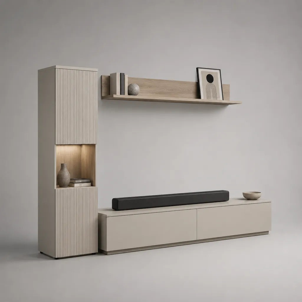 3-teilige TV-Wand aus melaminbeschichteter Spanplatte mit gerillten MDF-Fronten, Greige/Eiche Natur, 230 × 40 × 190 cm